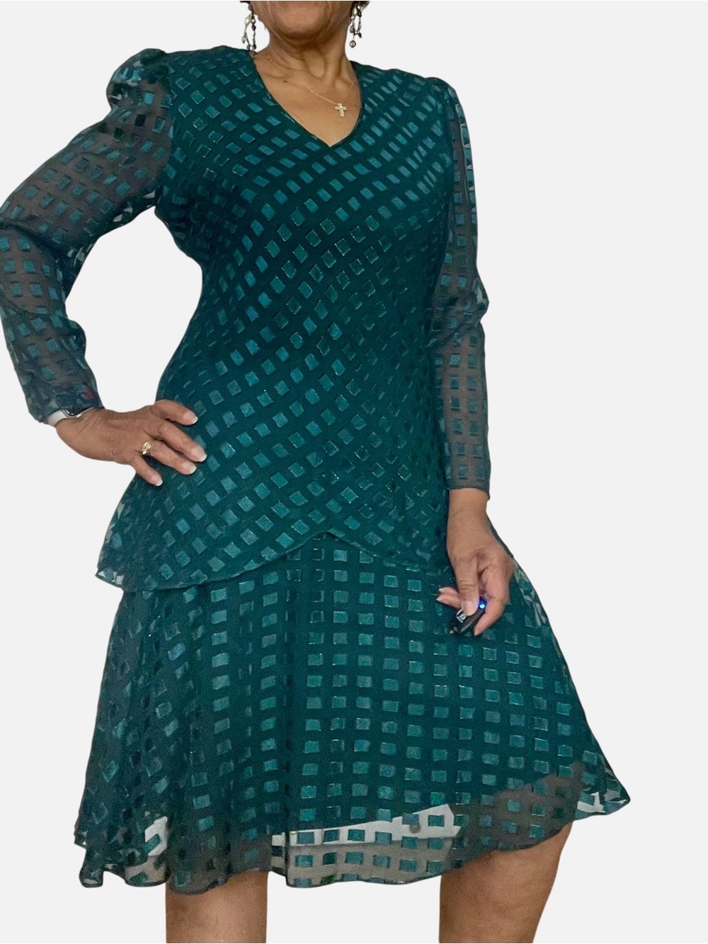 Patra Vintage V-Neck Teal Midi Dress with Sheer Overlay